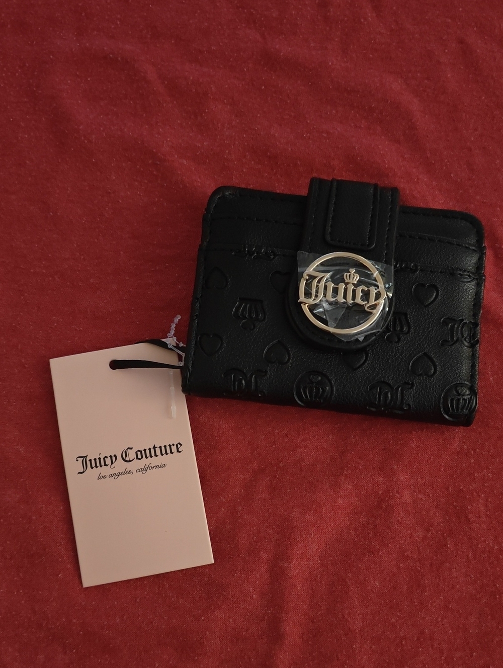 Juicy Couture Black Embossed Leather Snap Card Wallet with Gold Logo